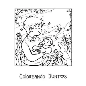 Imagen para colorear de un padre cargando a su bebé en el parque