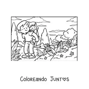 Imagen para colorear de un padre cargando a su hija en una ruta de senderismo