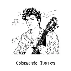 Imagen para colorear de Shawn Mendes tocando la guitarra con pétalos de flores