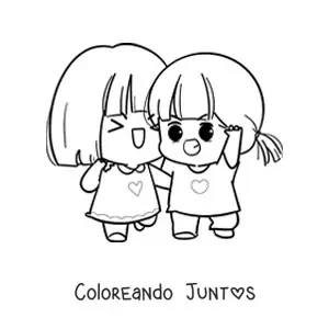 Imagen para colorear de dos niñas kawaii sonriendo felices