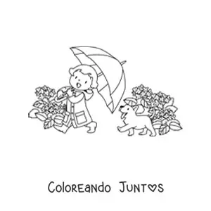 Imagen para colorear de un niña kawaii de paseo con una sombrilla junto a un perro