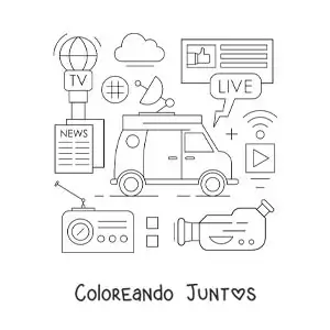 Imagen para colorear de un televisor, un micrófono, una cámara y otros símbolos de comunicación