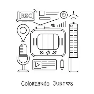 Imagen para colorear de un televisor, un micrófono y símbolos de las TICS