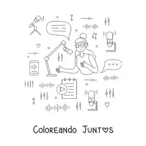 Imagen para colorear de una chica grabando un programa de radio que se transmite a todo el mundo