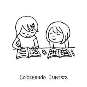 Imagen para colorear de dos niñas haciendo su tarea escolar