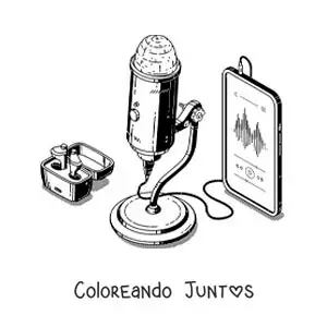 Imagen para colorear de un micrófono conectado a un teléfono grabando audio para un podcast