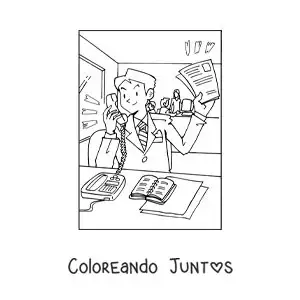 Imagen para colorear de un hombre hablando por teléfono fijo en su oficina