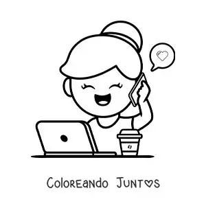 Imagen para colorear de una chica hablando por teléfono mientras trabaja desde casa