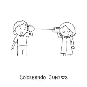 Imagen para colorear de dos niños hablando por un teléfono de vasos