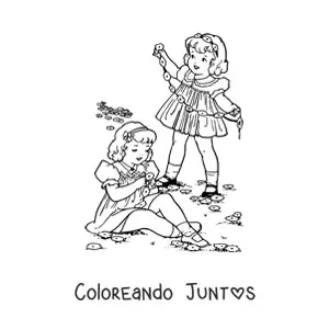 Imagen para colorear de dos niñas recogiendo flores