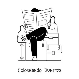 Imagen para colorear de un viajero sentado sobre sus maletas leyendo el periódico
