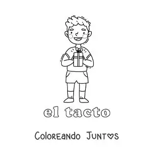 Imagen para colorear de un niño tocando un regalo con sus manos