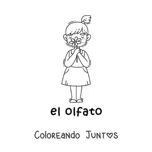 Imagen para colorear de una niña usando el sentido del olfato para oler una flor