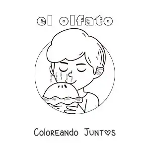 Imagen para colorear de un niño oliendo un pie recién salido del horno