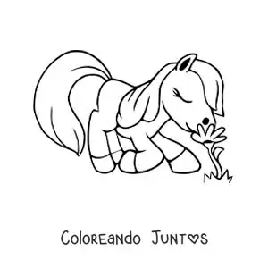 Imagen para colorear de un pony animado oliendo flores