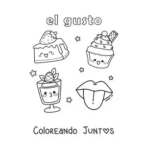 Imagen para colorear de dulces animados y la lengua como parte del sentido del gusto