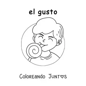 Imagen para colorear de un niño saboreando un dulce con el sentido del gusto