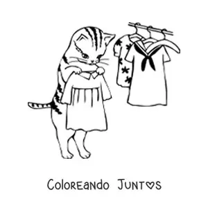 Imagen para colorear de un gato animado sosteniendo un vestido junto a otros vestidos