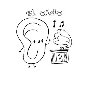 Imagen para colorear de una caricatura de un oído animado escuchando música