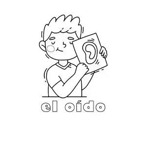 Imagen para colorear de un niño mostrando su oído con el texto "el oído"