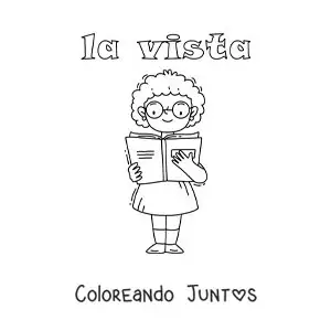 Imagen para colorear de una niña con lentes leyendo un libro