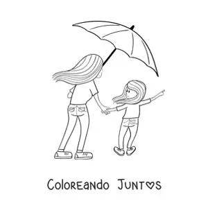 Imagen para colorear de una madre y su hija juntas compartiendo una sombrilla