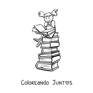 Imagen para colorear de una niña leyendo sentada sobre una pila de libros