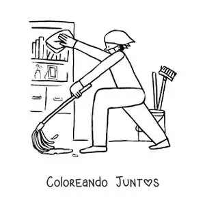Imagen para colorear de una persona limpiando y trapeando en casa