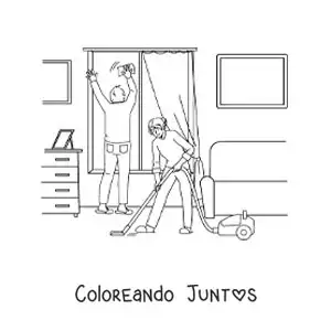 Imagen para colorear de una pareja limpiando su casa