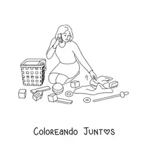 Imagen para colorear de una madre recogiendo los juguetes de su hijo