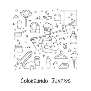 Imagen para colorear de un hombre con artículos para la limpieza del hogar