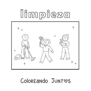 Imagen para colorear de 3 niños ayudando hacer las tareas del hogar