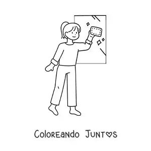 Imagen para colorear de una niña limpiando ventanas en su casa