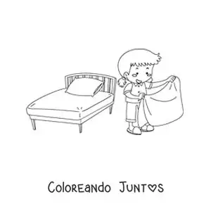 Imagen para colorear de una niña haciendo la cama al despertarse