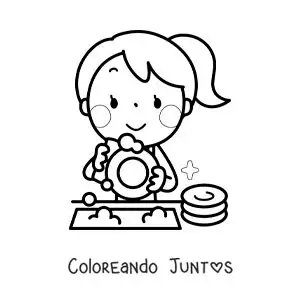 Imagen para colorear de una niña kawaii lavando los platos