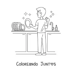 Imagen para colorear de un padre fregando platos en la cocina