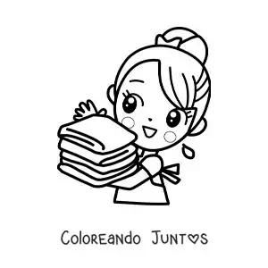 Imagen para colorear de una niña kawaii cargando ropa limpia doblada