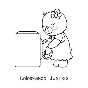 Imagen para colorear de una osa animada lavando la ropa en la lavadora