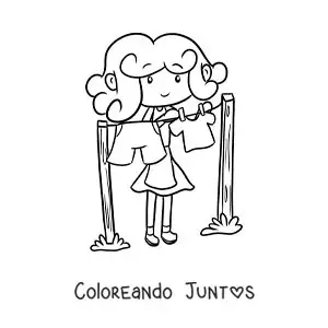 Imagen para colorear de una joven animada colgando la ropa en un tendedero