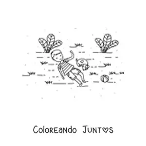 Imagen para colorear de un niño acostado en el césped junto a un perro en un jardín