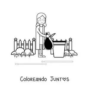 Imagen para colorear de una mujer tirando una bolsa de basura en el contenedor