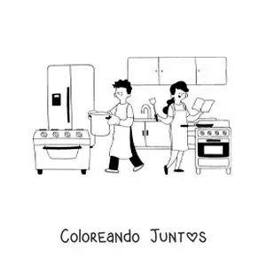 Imagen para colorear de mamá y papá cocinando en casa