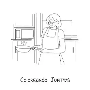 Imagen para colorear de una abuela cocinando en un sartén en la cocina