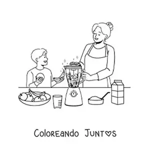 Imagen para colorear de una mamá y su hijo preparando un batido en la licuadora