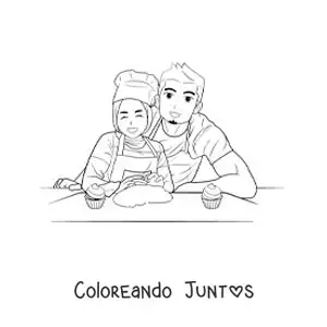 Imagen para colorear de un papá y su hija con hijab cocinando postres