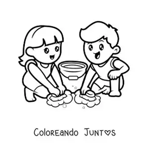 Imagen para colorear de dos niños kawaii fregando el piso en casa