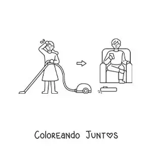 Imagen para colorear de una mujer aspirando la casa vs un hombre con un robot aspirador