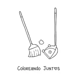 Imagen para colorear de una escoba barriendo polvo y una pala