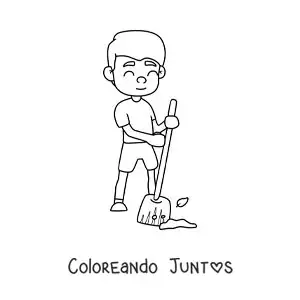 Imagen para colorear de un niño ayudando a barrer en casa