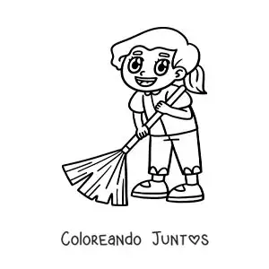 Imagen para colorear de una niña kawaii ayudando a barrer en casa